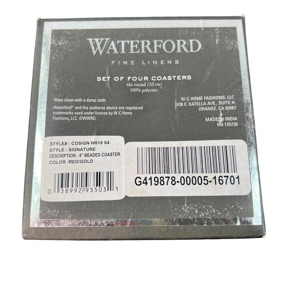 NEW Waterford Fine Linens Set Of 4 Beaded Seahorse Coasters 4" Round Red & Gold - Picture 3 of 6